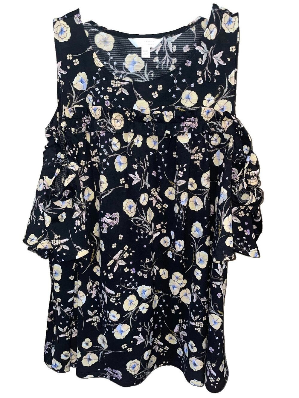 LC Lauren Conrad Women's Blouse Black Cream Purple Floral Cold Shoulder Sz XXL